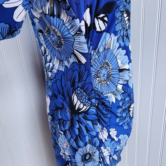 INC International Concepts Blue Black Stretch Floral Ruched Long Sleeve Dress L - Picture 4 of 13